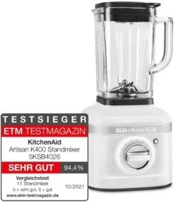 KitchenAid Standmixer Artisan K400 In Weiß -Kitchenaid 5KSB4026EWH inkl Testlogo